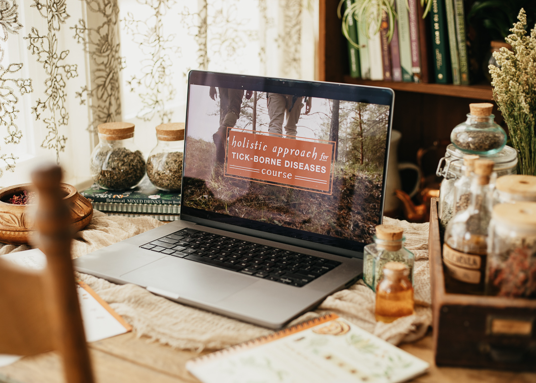 laptop on table with tick course on screen and jars of herbs around it