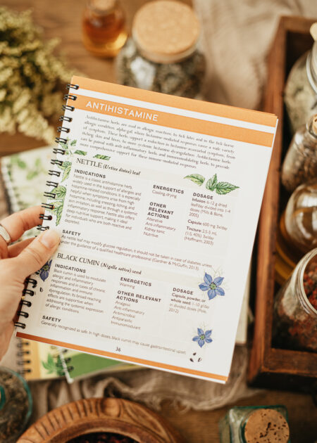 Herbal Academy - Tick Bite Action Guide A page featuring nettle and black cumin as antihistamines, in Herbal Academy's Tick Bite Action Guide.