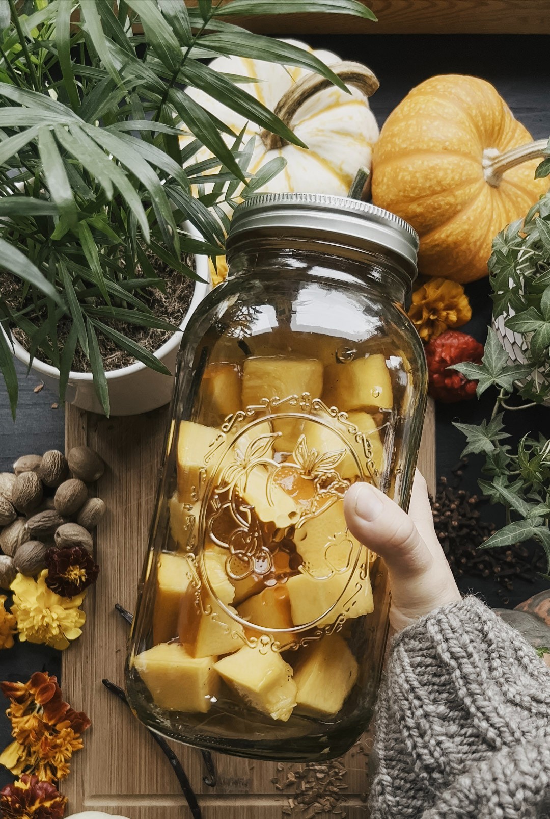 closeup of herbalist holding a jar of pumpkin 